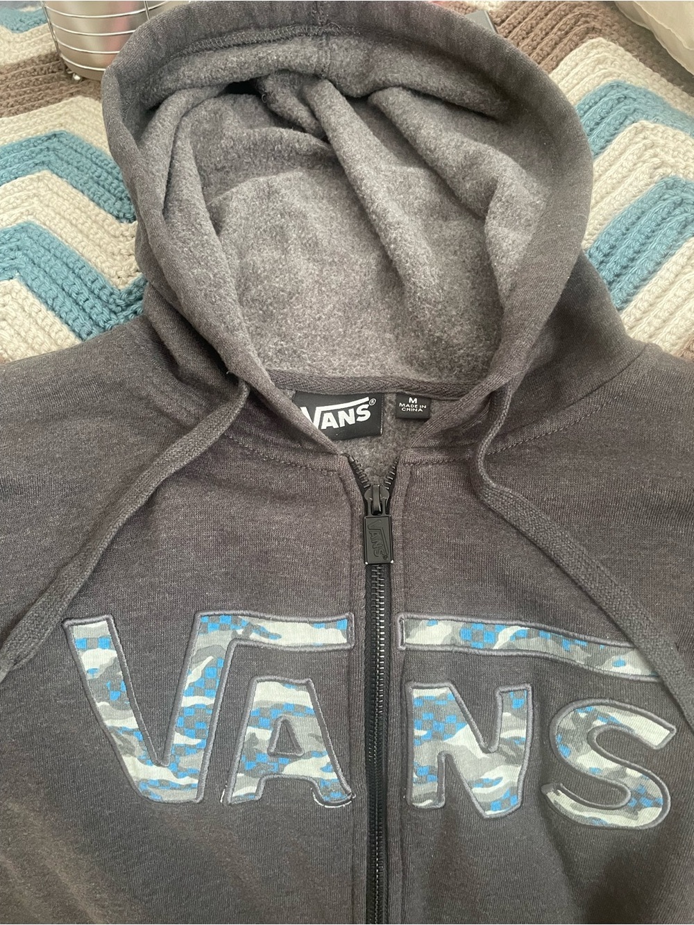 Vans Men’s Charcoal Zip-Up Hoodie with Blue Camo Logo
